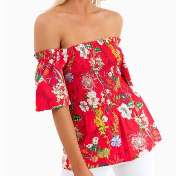 PARKER XS Penn Off-the-Shoulder Floral-Print Blouse, Red, Designer, Smocked - Picture 1 of 9